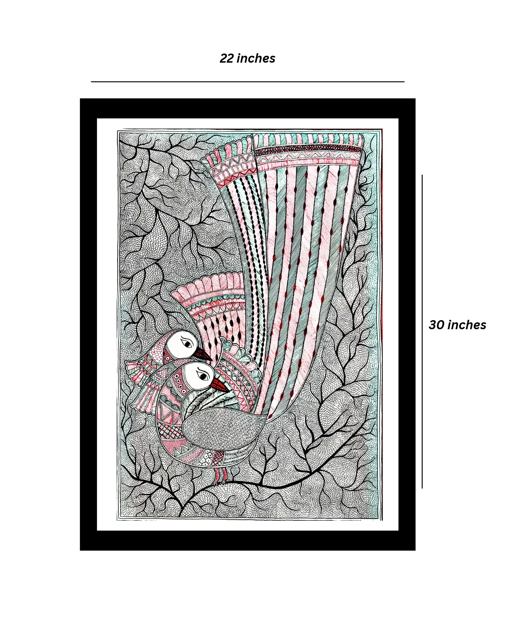 Peacock Couple & Tree Handmade Madhubani Painting – 22x30 Inches, Unframed Mithila Folk Art