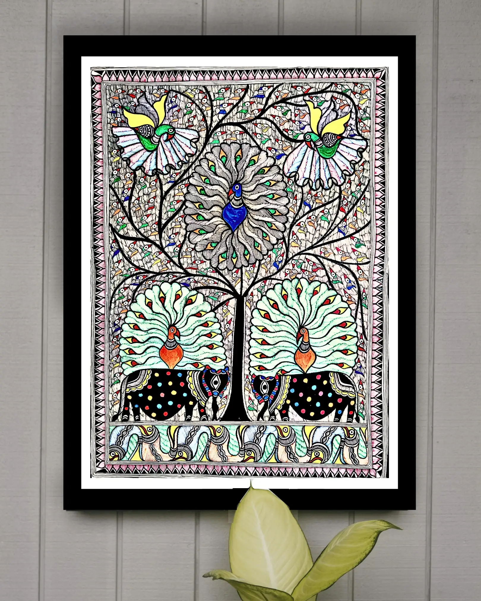 Peacock, Tree, Elephant & Fish Handmade Madhubani Painting – Traditional Mithila Folk Art