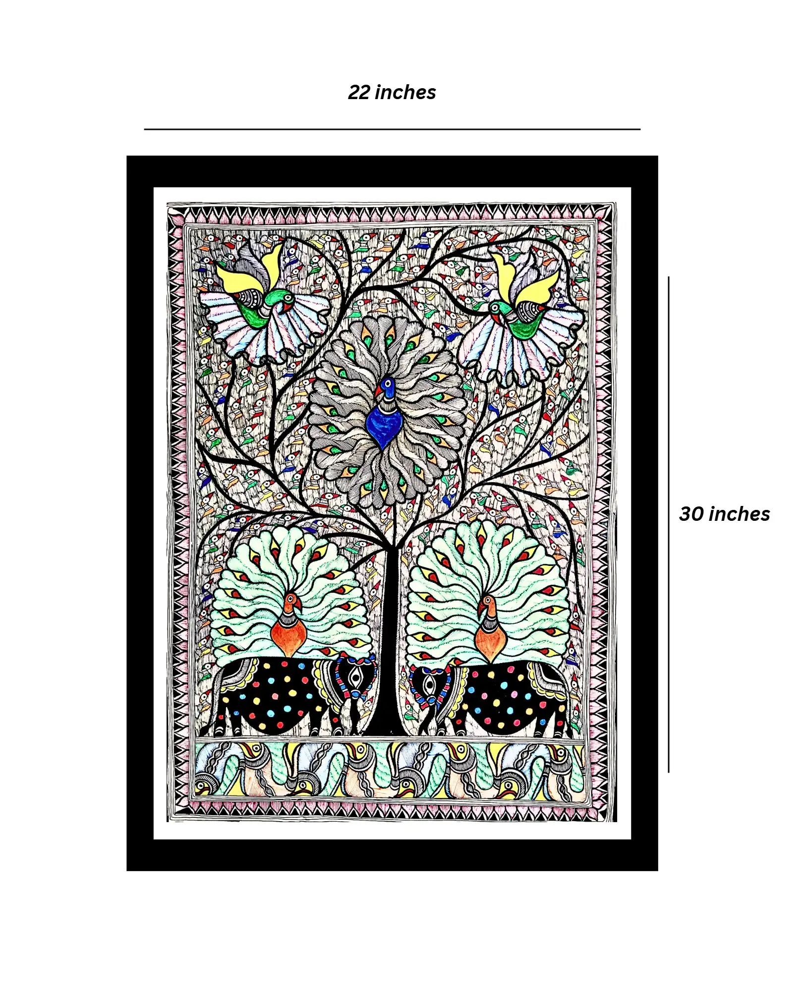 Peacock, Tree, Elephant & Fish Handmade Madhubani Painting – Traditional Mithila Folk Art