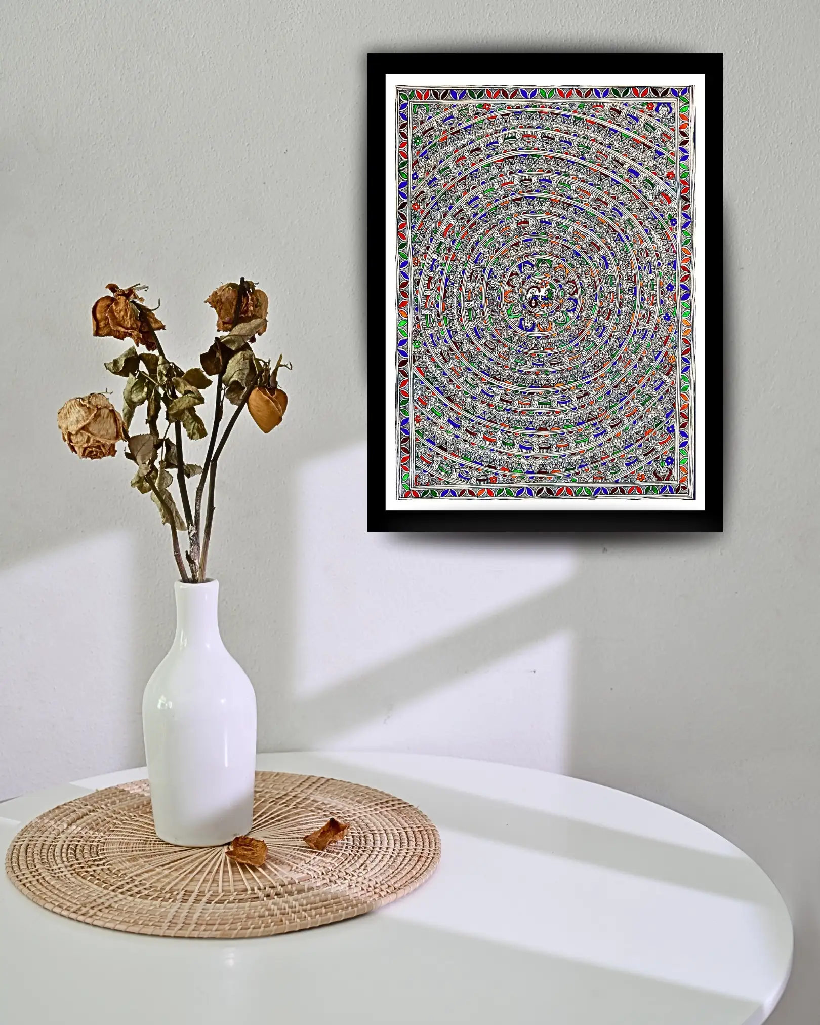 Godna Style Elephant & Human Chain Handmade Madhubani Painting – Traditional Mithila Folk Art