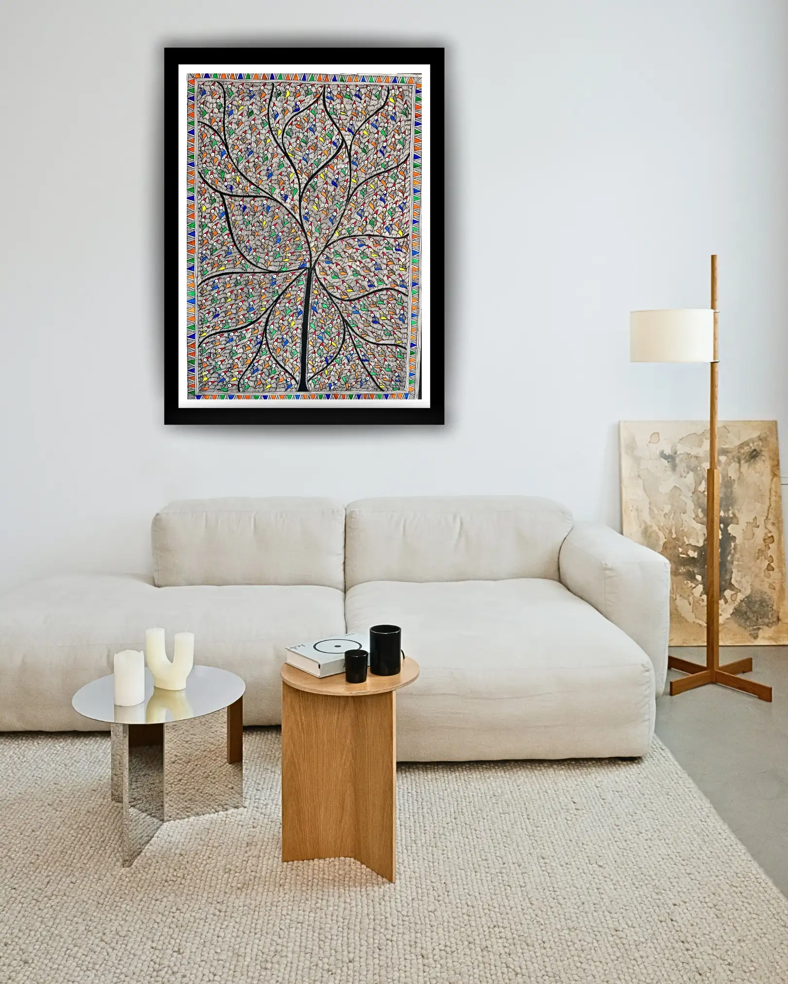 Madhubani Handmade Painting of Tree & Birds – Traditional Folk Art on Handmade Paper