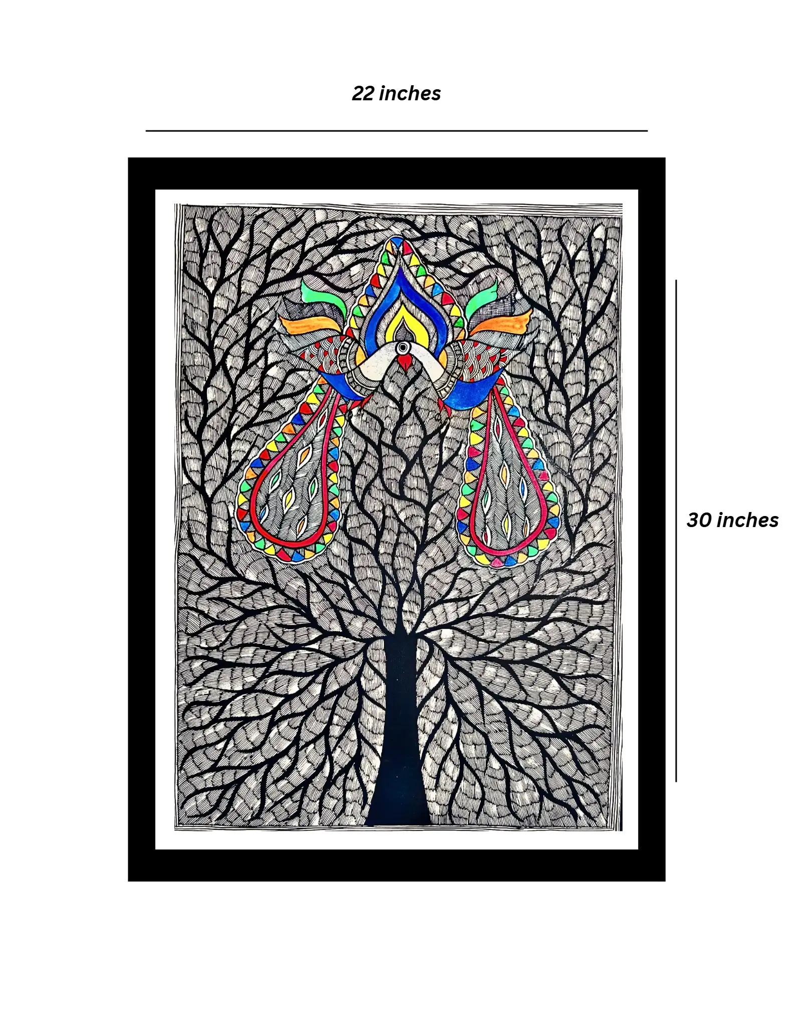 Peacock Couple on Tree Madhubani Handmade Painting – Traditional Mithila Folk Art