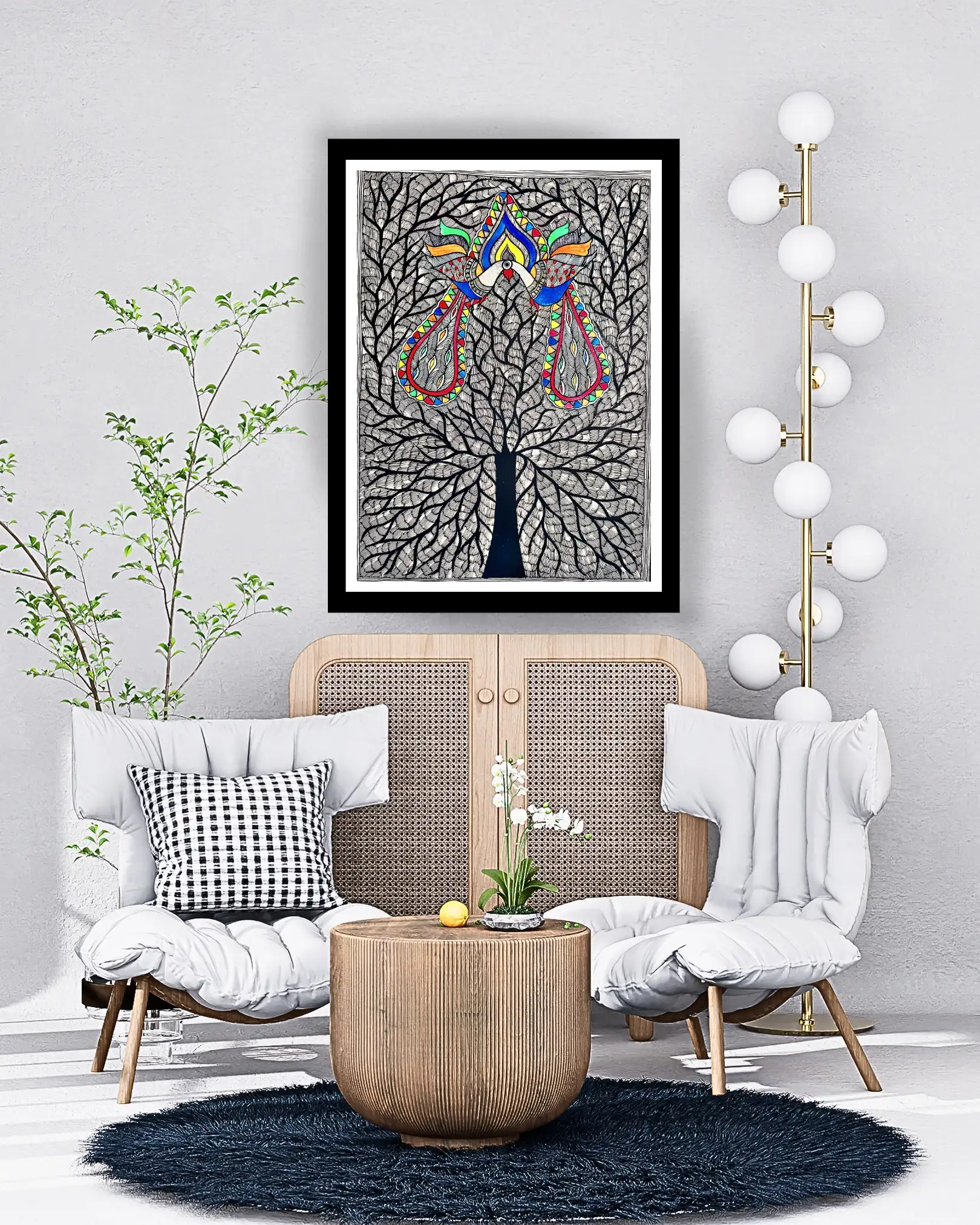 Peacock Couple on Tree Madhubani Handmade Painting – Traditional Mithila Folk Art