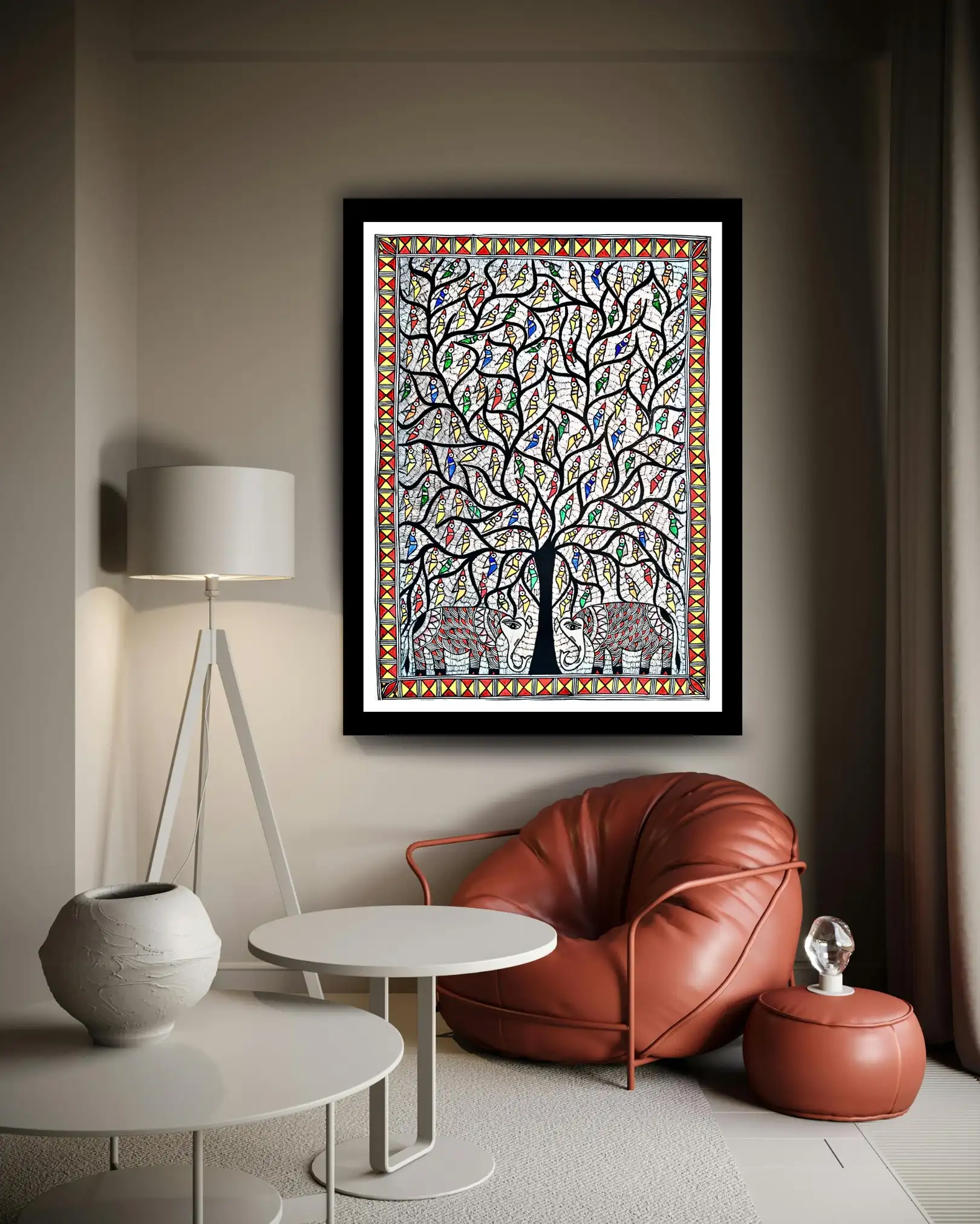 Elephant Couple Under Tree Madhubani Handmade Painting – Traditional Mithila Folk Art