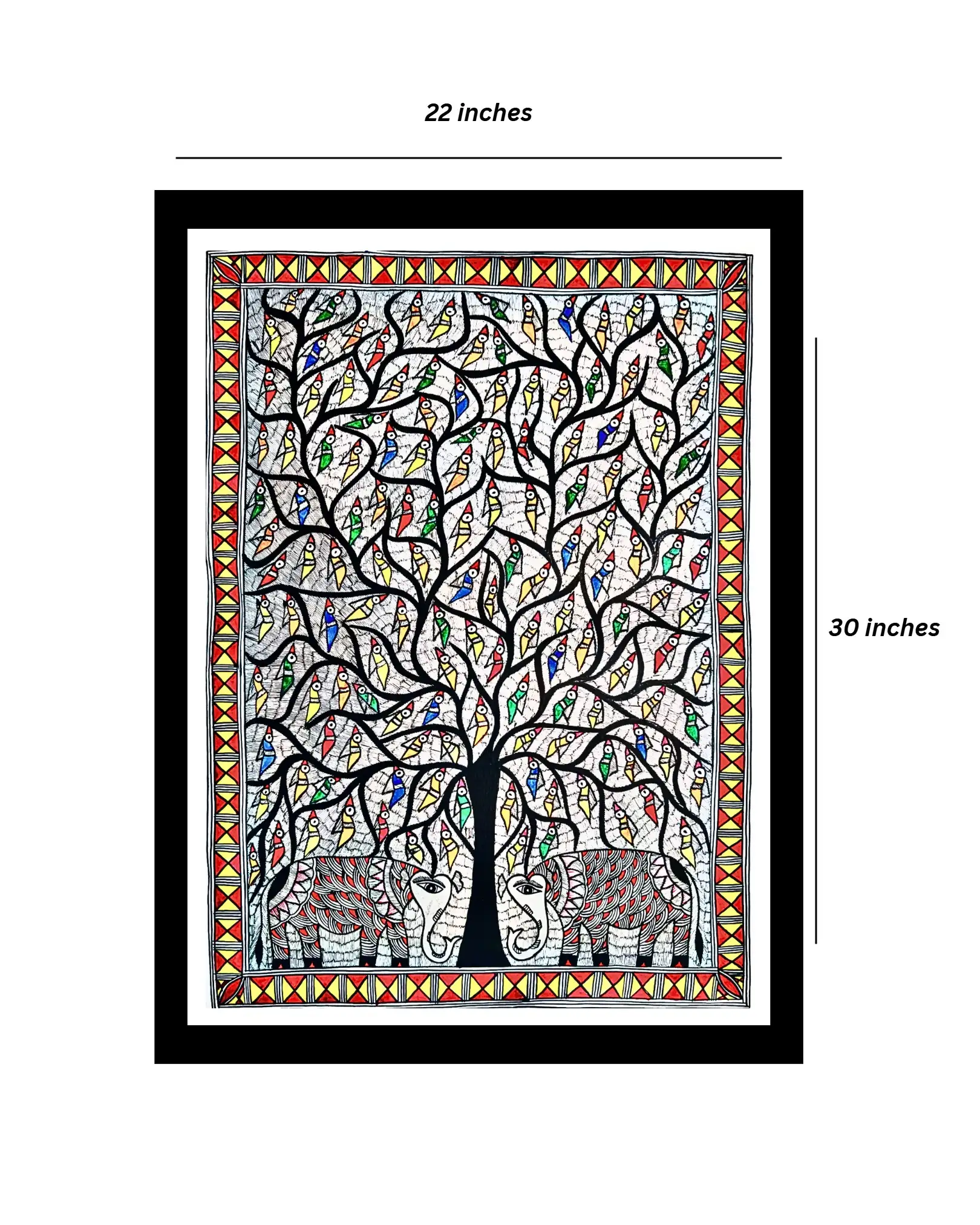 Elephant Couple Under Tree Madhubani Handmade Painting – Traditional Mithila Folk Art