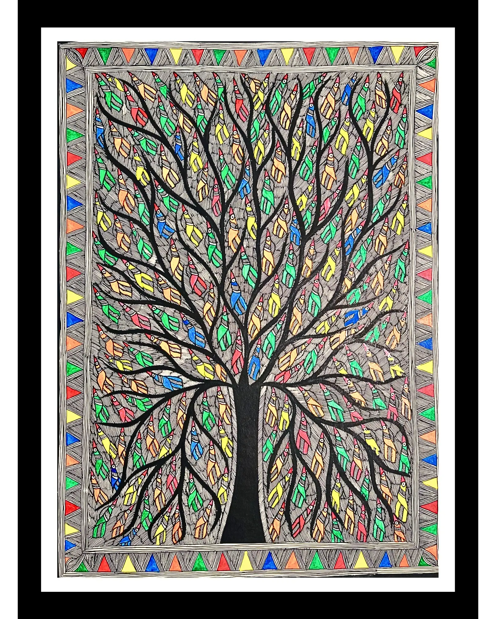 Tree & Birds Madhubani Handmade Painting – Traditional Mithila Folk Art on Handmade Paper