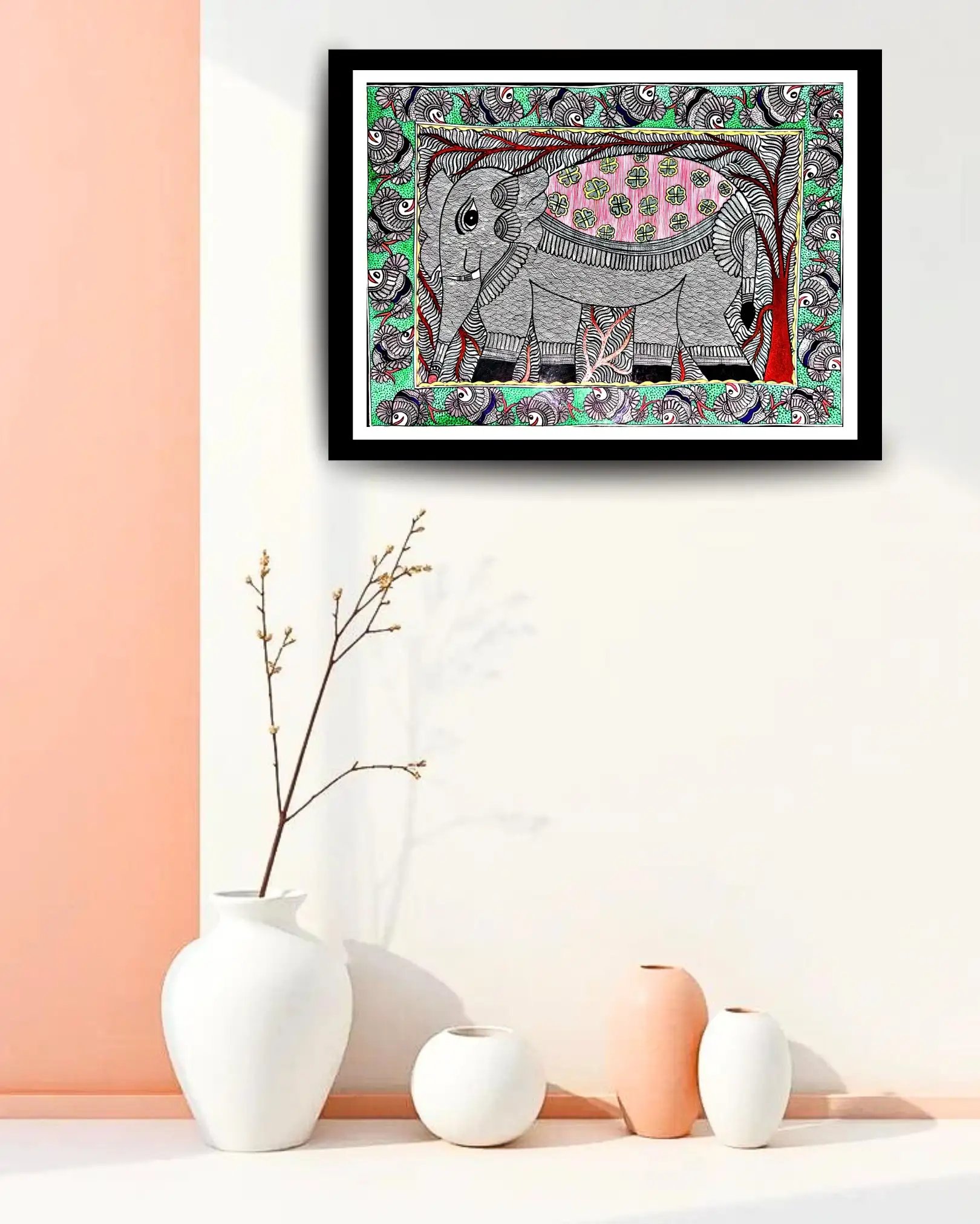 Elephant & Fishes Madhubani Handmade Painting (22x30 Inches, Unframed) – Traditional Mithila Folk Art