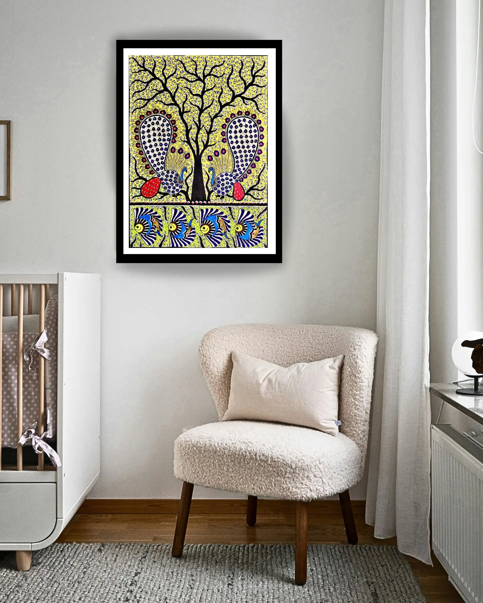 Peacock Couple, Fishes & Tree Handmade Madhubani Painting – 22x30 Inches, Unframed Mithila Folk Art