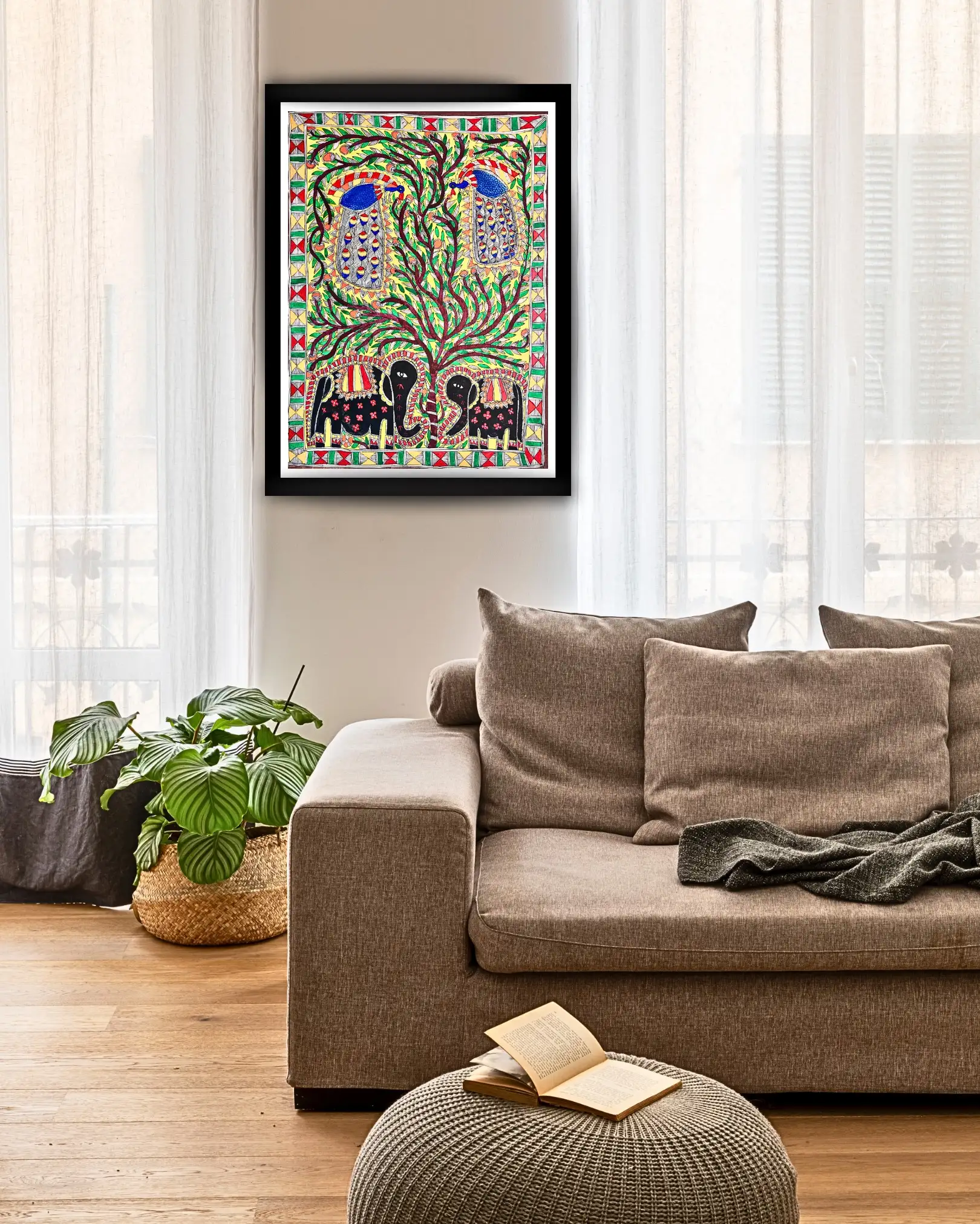 Elephant, Peacock & Tree Handmade Madhubani Painting – 22x30 Inches, Unframed Mithila Folk Art