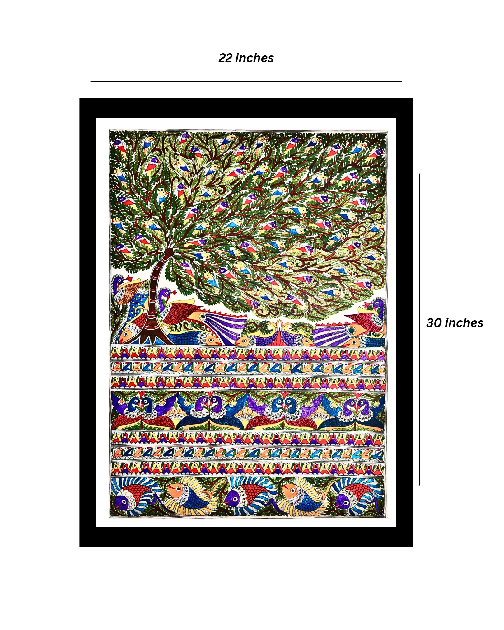 Peacocks, Fishes & Tree Handmade Madhubani Painting – 22x30 Inches, Unframed Mithila Folk Art