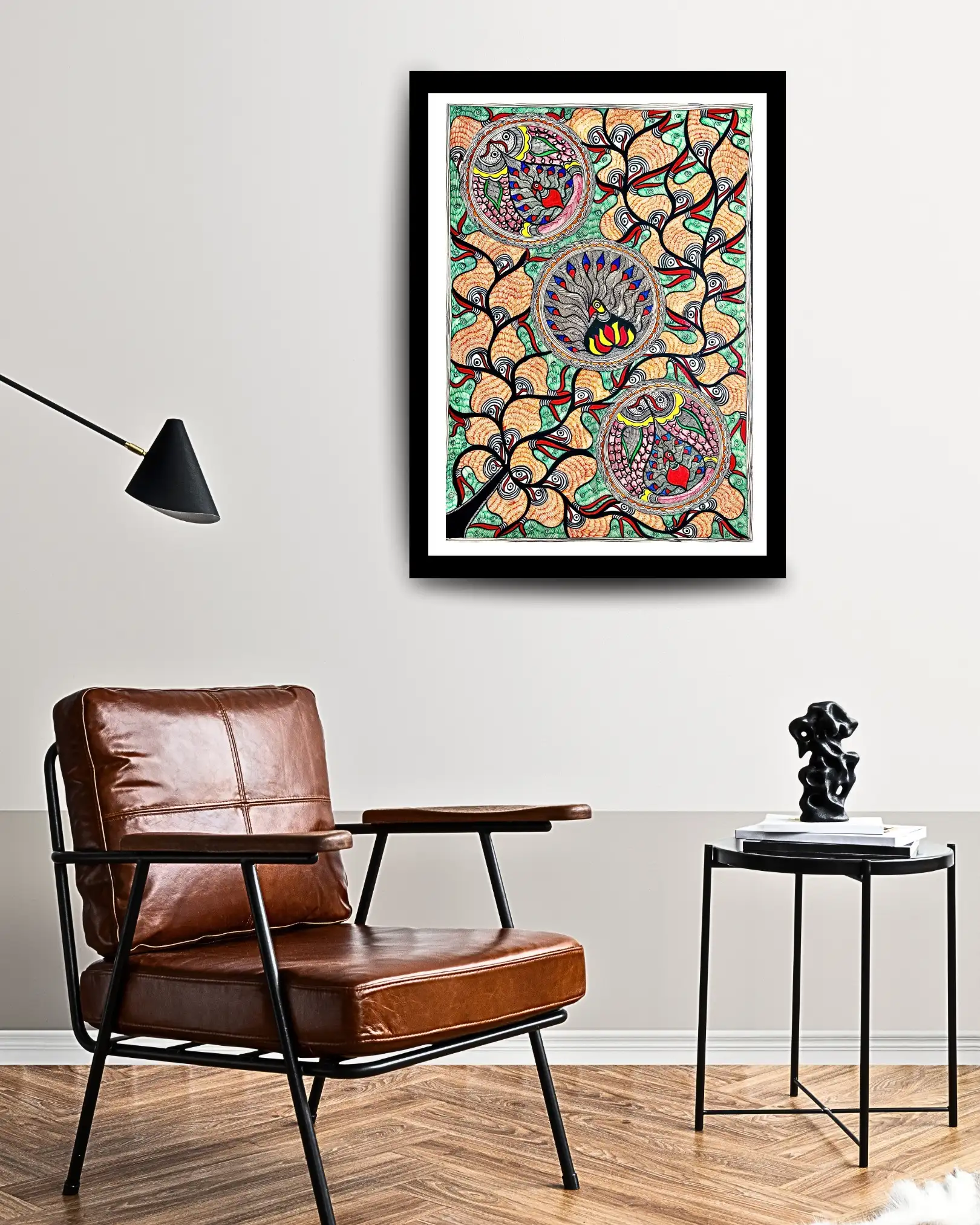 Tree, Fishes & Peacocks Handmade Madhubani Painting – Unframed Mithila Folk Art