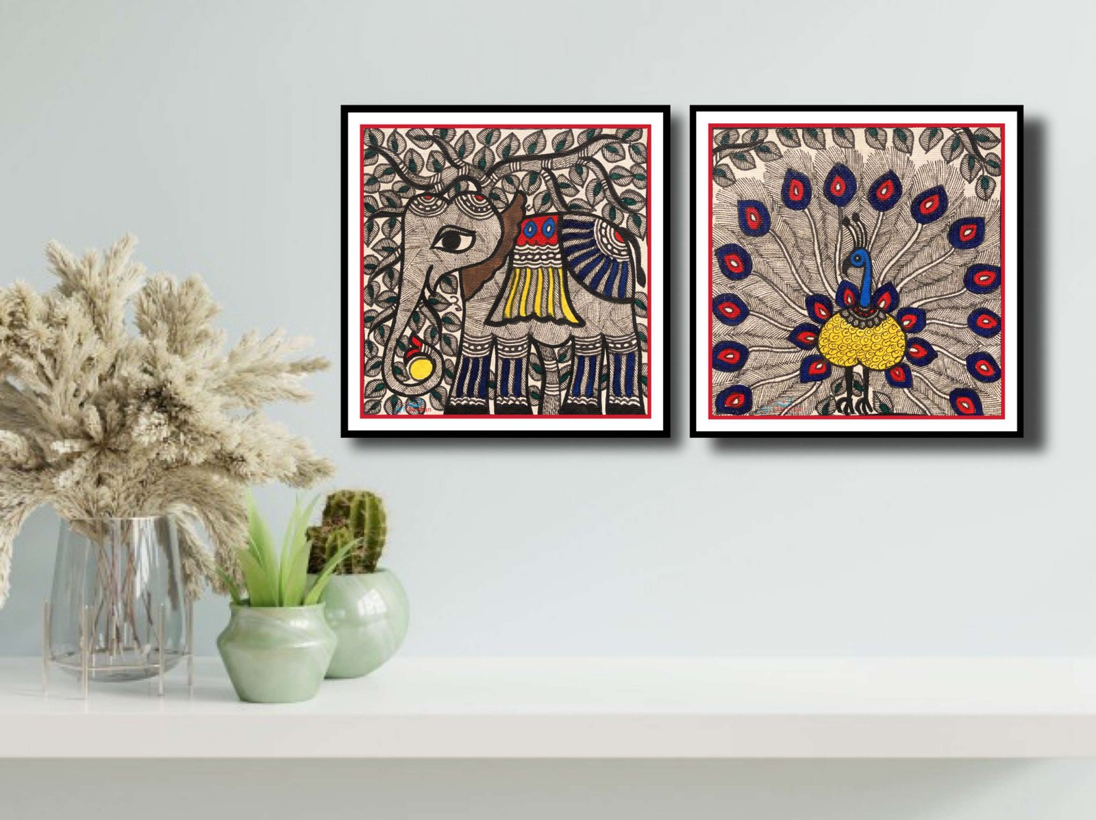Framed Set of 2 Elephant,Peacock Traditional Handmade Madhubani Painting for Home Wall Art Decoration