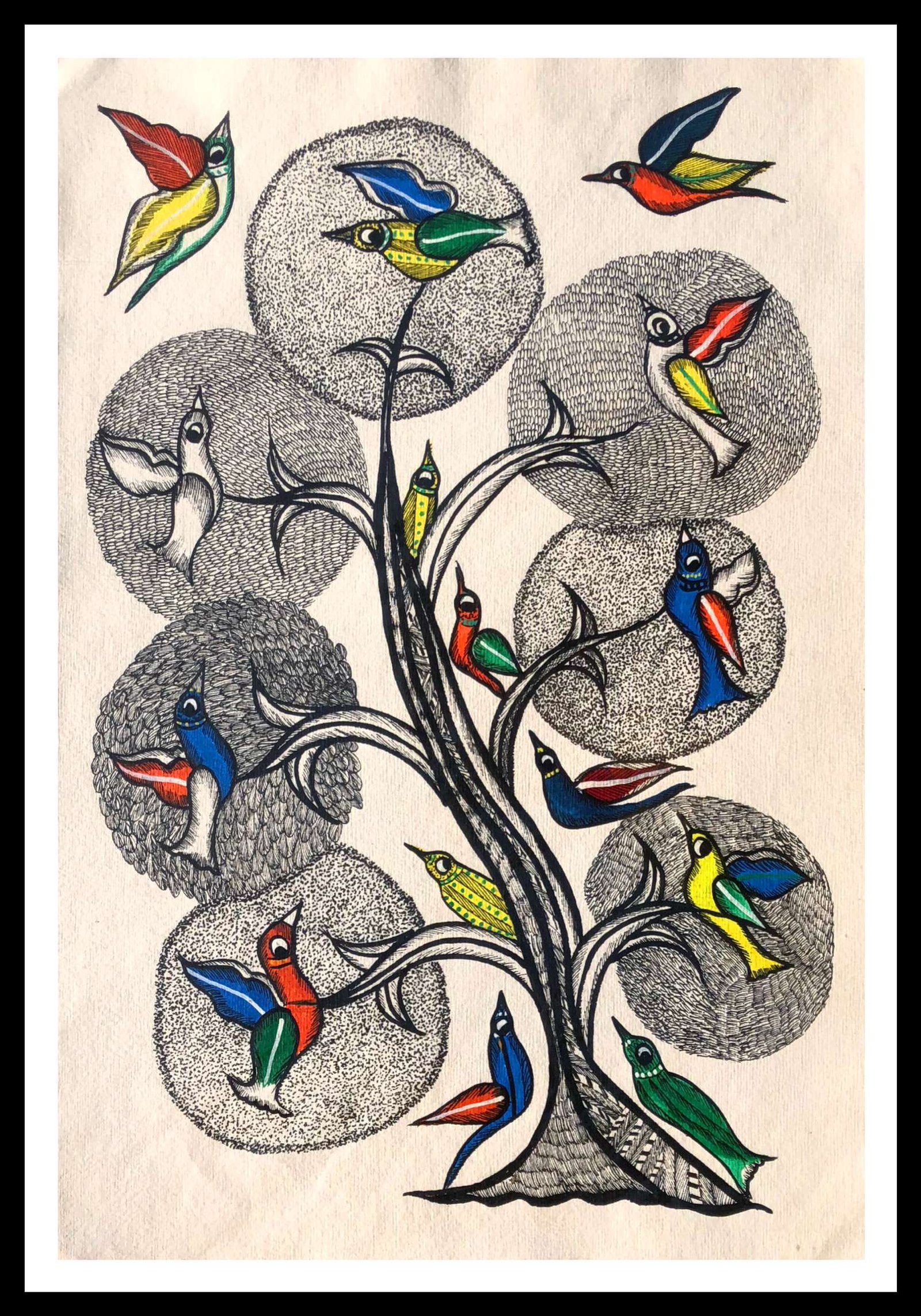 Framed Traditional Gond Art Painting of Tree & Birds for Home & Office Wall Art Decor