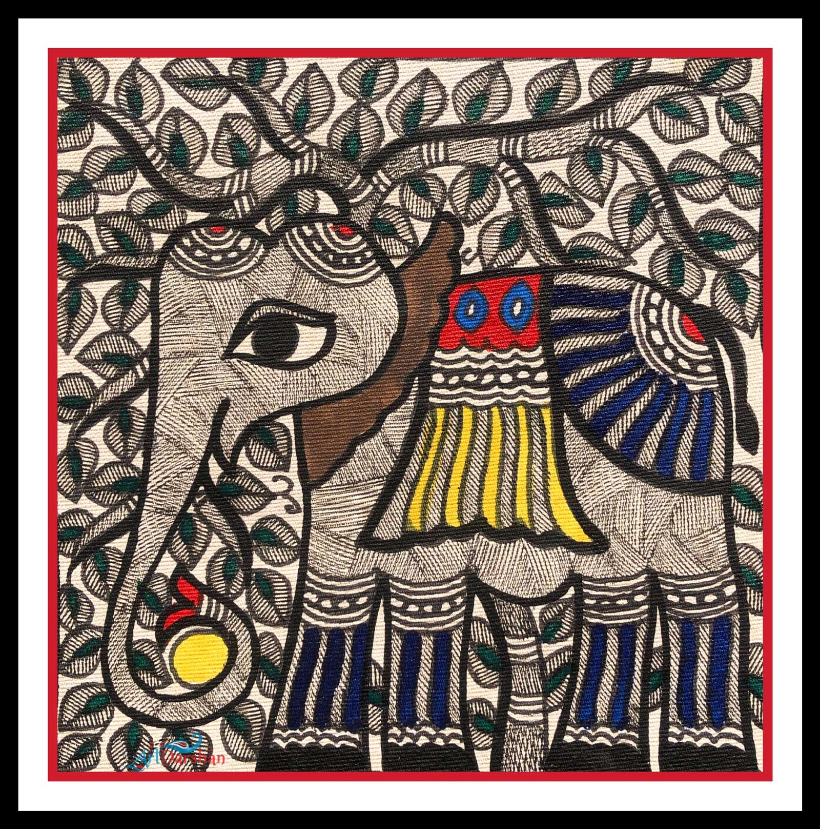 Framed Set of 2 Elephant,Peacock Traditional Handmade Madhubani Painting for Home Wall Art Decoration
