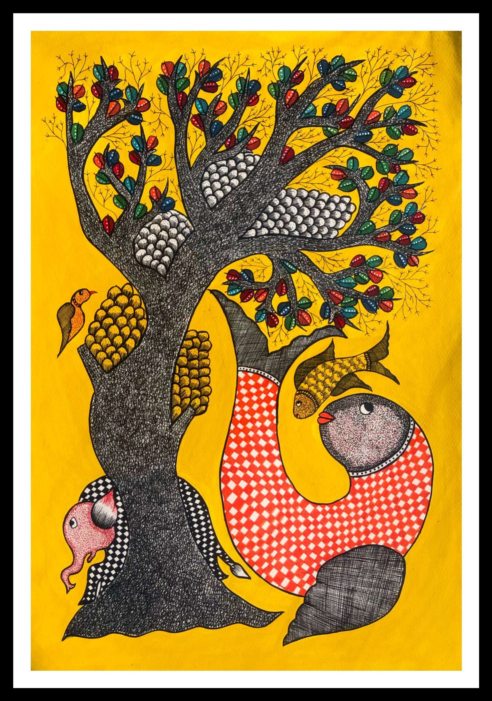 Framed Traditional Gond Art Painting |Handmade Painting |Framed Original Painting for Home & Office Wall Art Decor