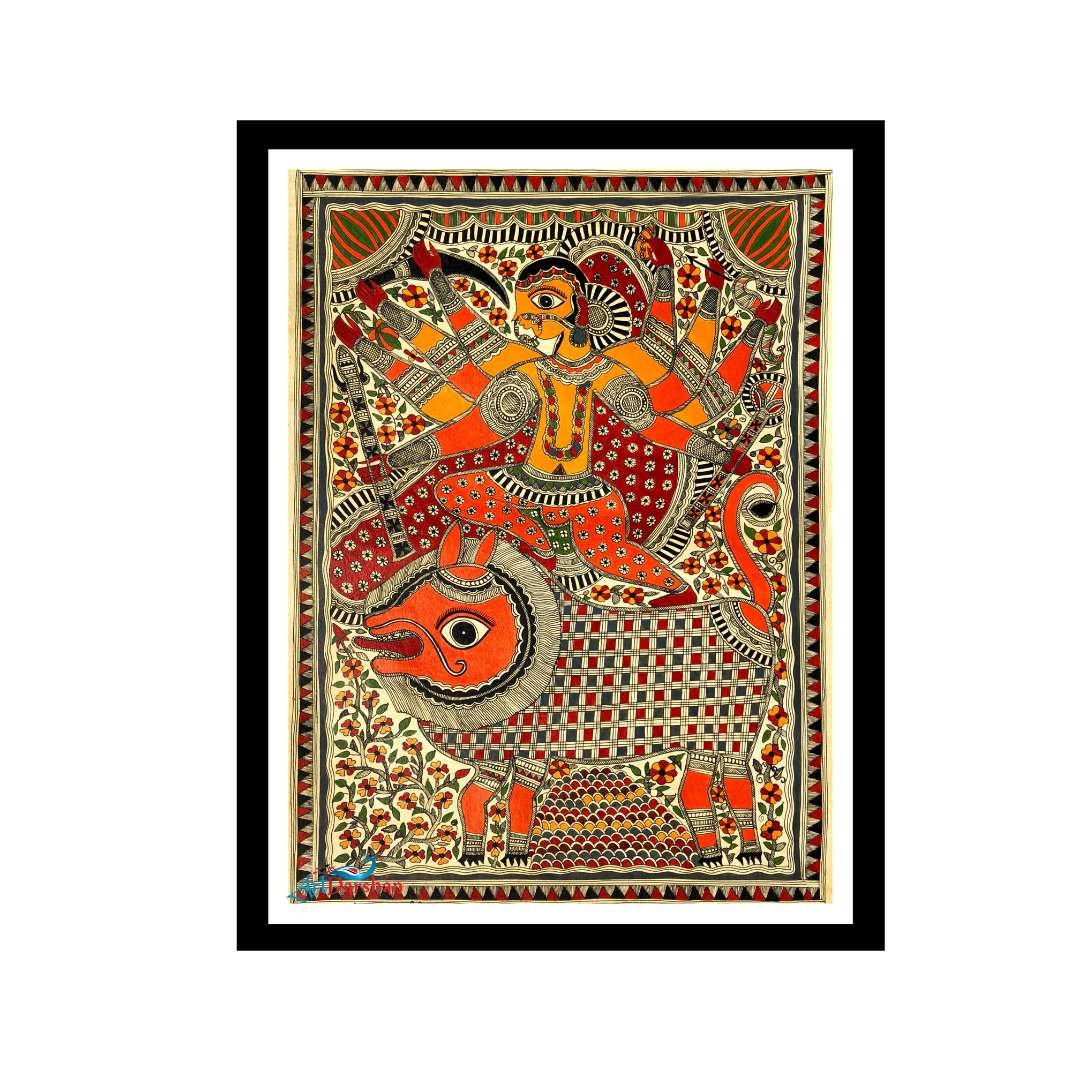 Madhubani Painting of Durga Maa for Home & Office Wall Art Decoration, Religious Handmade Painting   (Unframed)