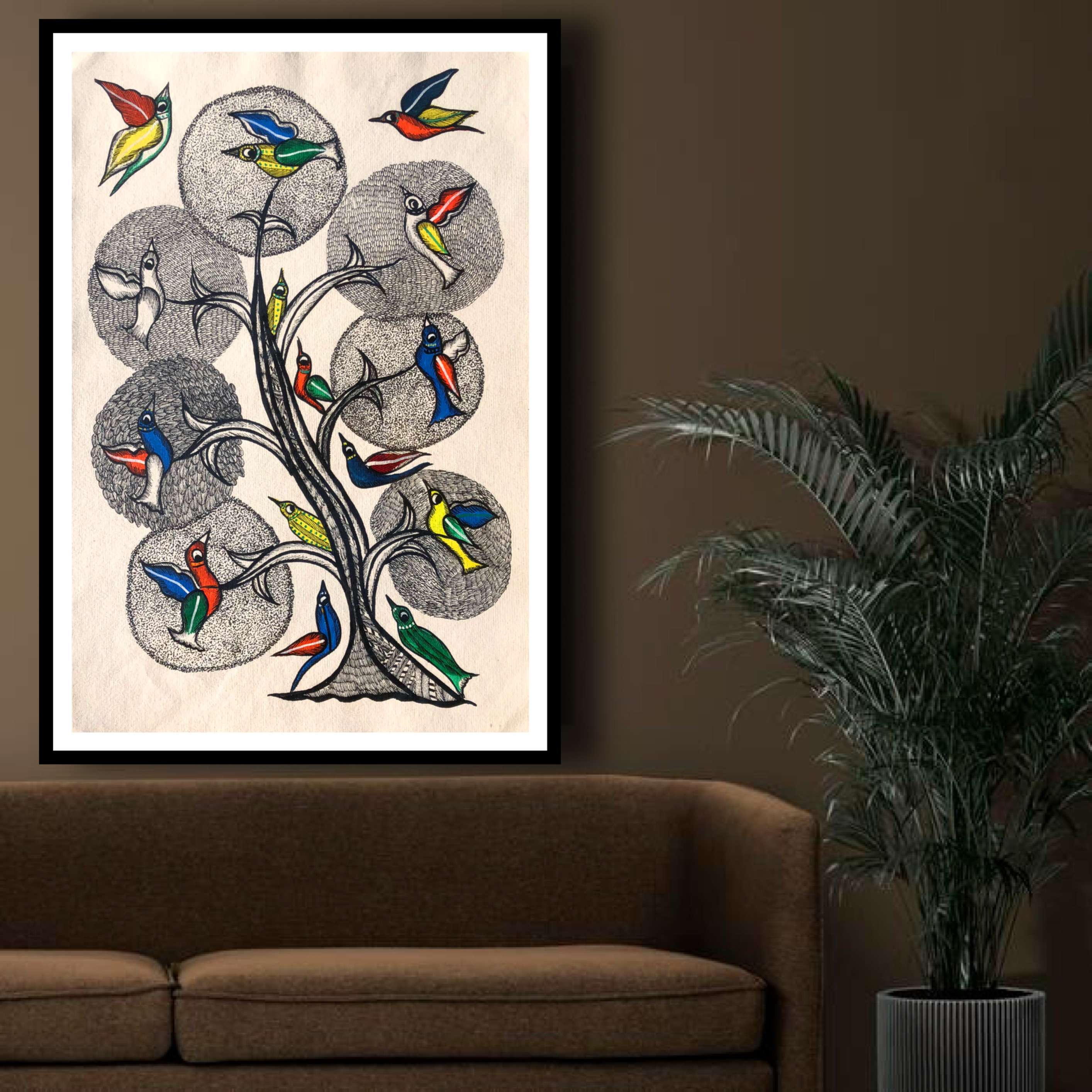 Framed Traditional Gond Art Painting of Tree & Birds for Bedroom,Livingroom,Home & Office Wall Art Decor