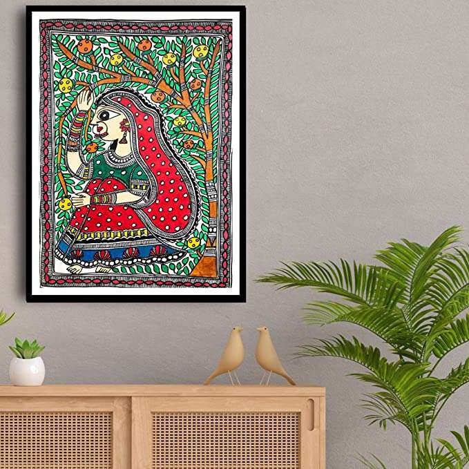 Framed Madhubani Art Painting of Village Girl | Traditional Handmade Painting for Home & Office Wall Art Decor